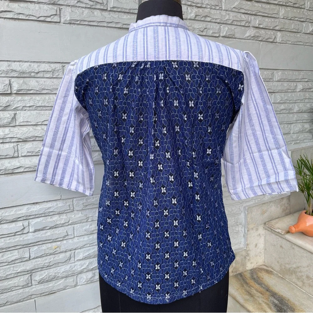 Blue White Striped Half Sleeves Shirt with lace panel at back - Picture 4 of 5